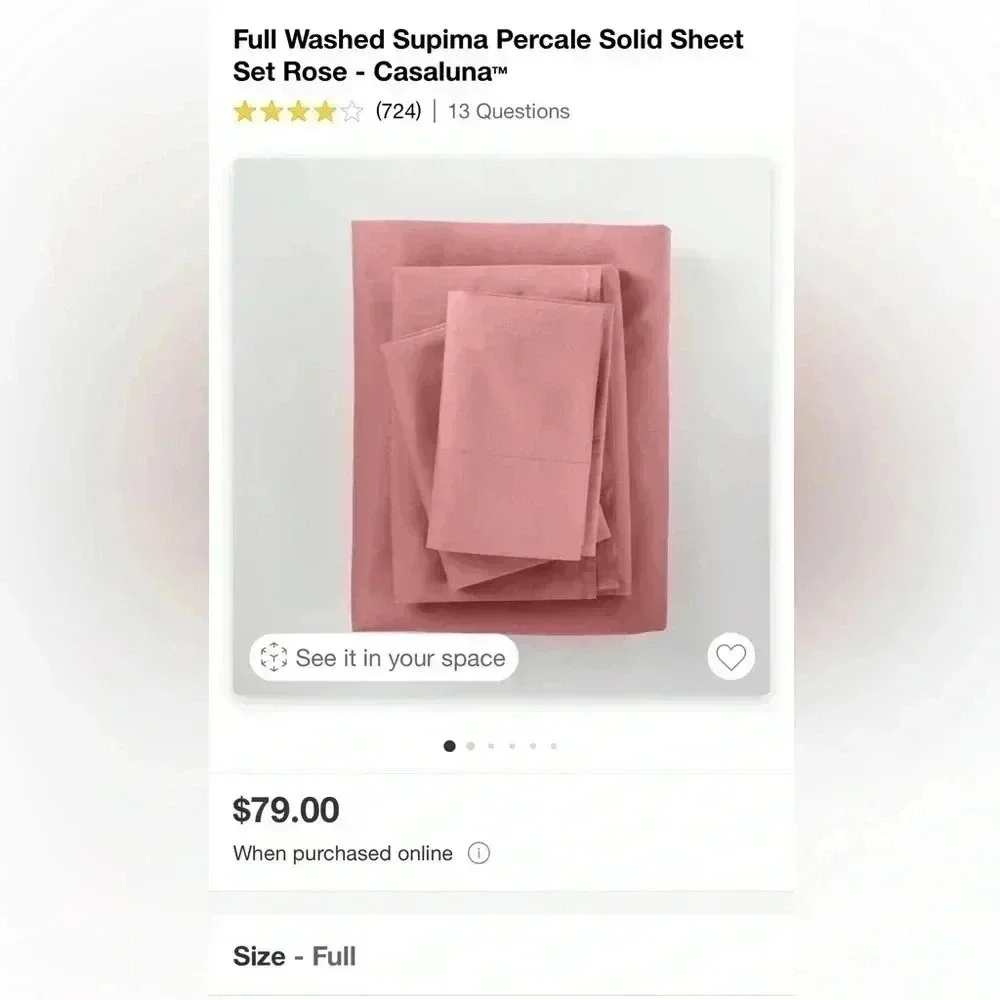 NWT Full Washed Supima‎ Percale Solid Sheet Set Rose - Casaluna